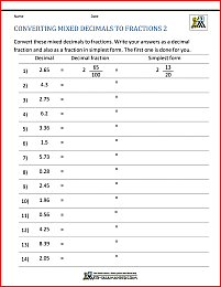 change fraction to decimal worksheet