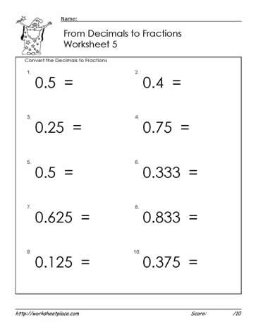 change fraction to decimal worksheet