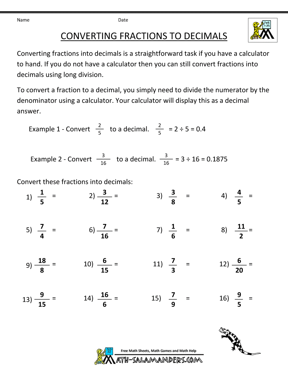 change fractions to decimals worksheet