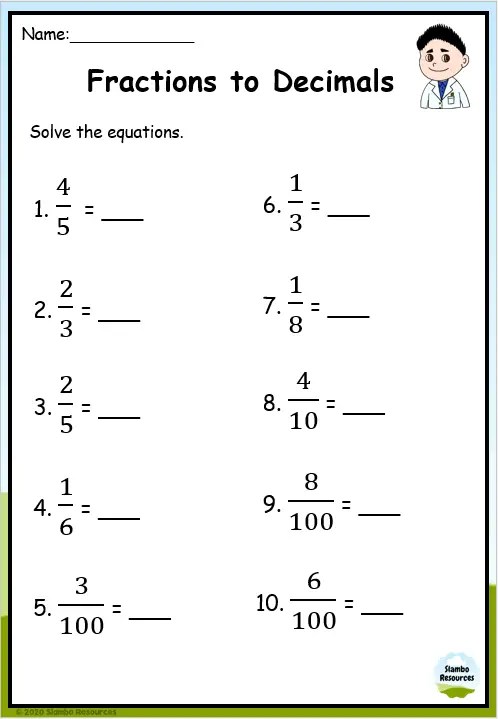 change fractions to decimals worksheet