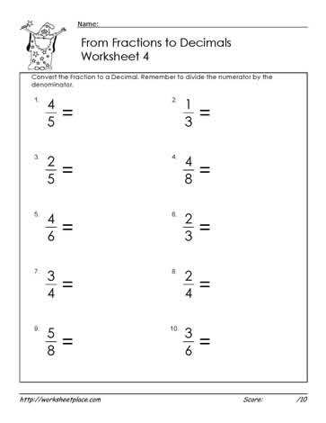 change fractions to decimals worksheet