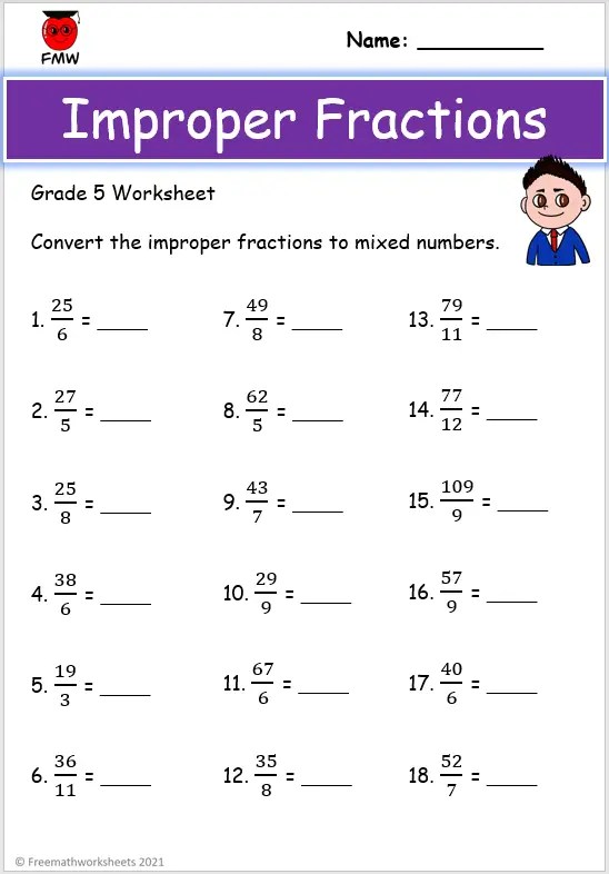 change mixed number to improper fraction worksheet