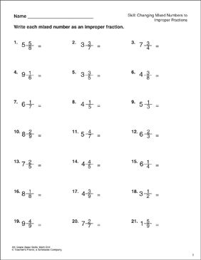 Changing Mixed Numbers to Improper Fractions (Grade 4) | Printable ...