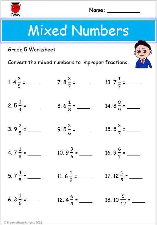 change mixed number to improper fraction worksheet