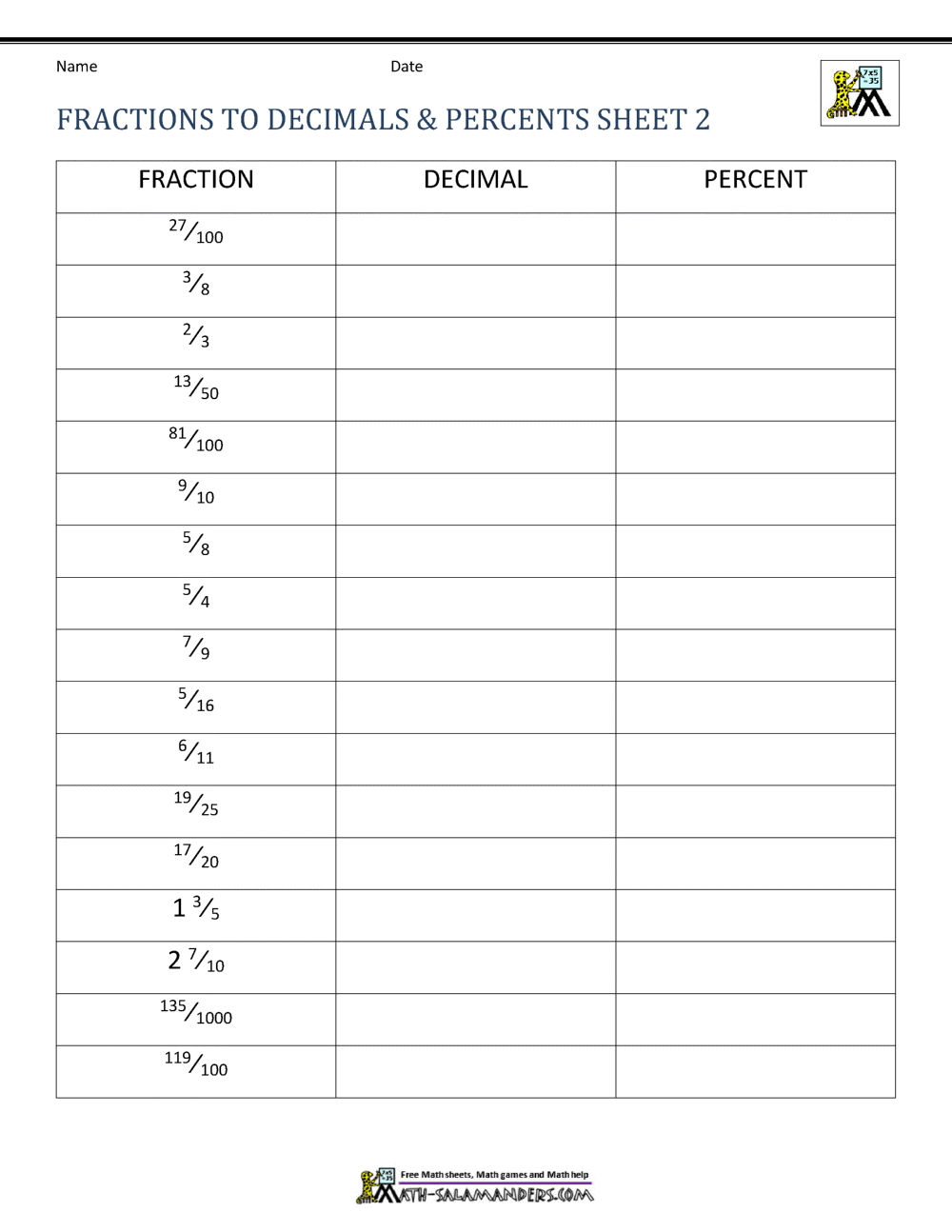 change percent to decimal worksheet