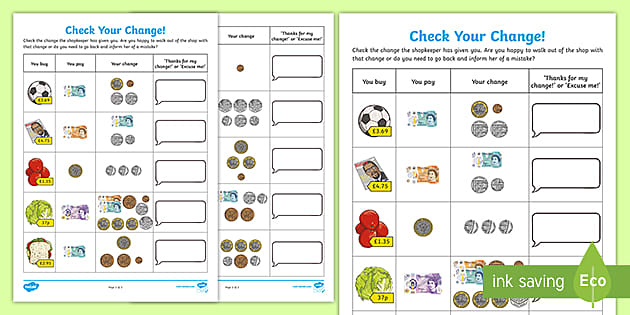 Check Your Change Money Maths Worksheet Primary Resource KS2