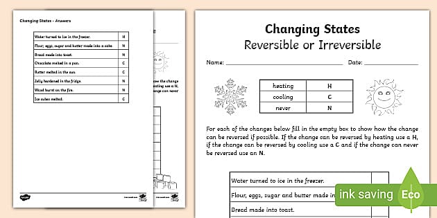 changes of matter worksheet