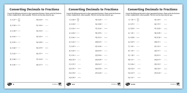 Free changing decimals to fractions worksheet Download Free changing