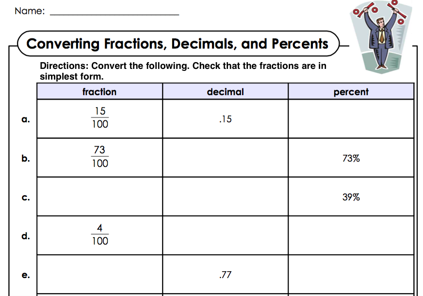 changing fractions to percents worksheet