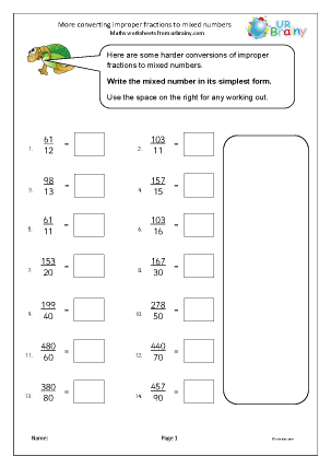 changing improper fractions to mixed numbers worksheet