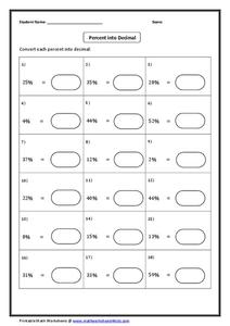 Percent into Decimal Worksheet for 4th - 6th Grade | Lesson Planet