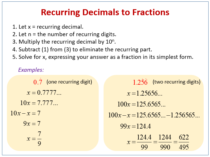 changing repeating decimals to fractions worksheet