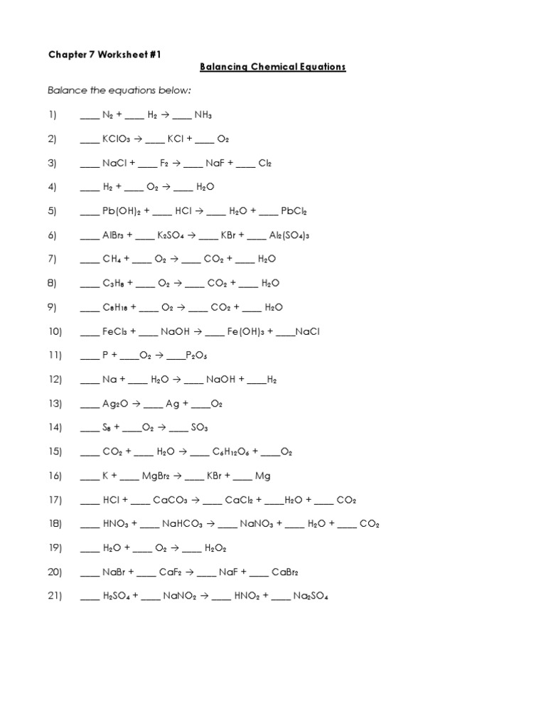 chapter 7 worksheet 1 balancing chemical equations