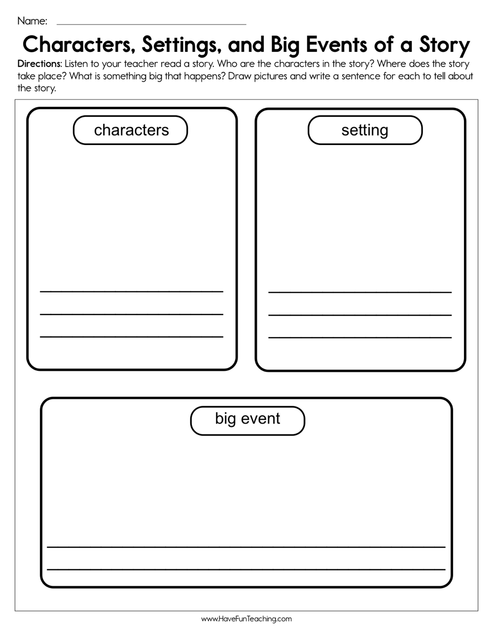 Characters, Settings, and Big Events Worksheet