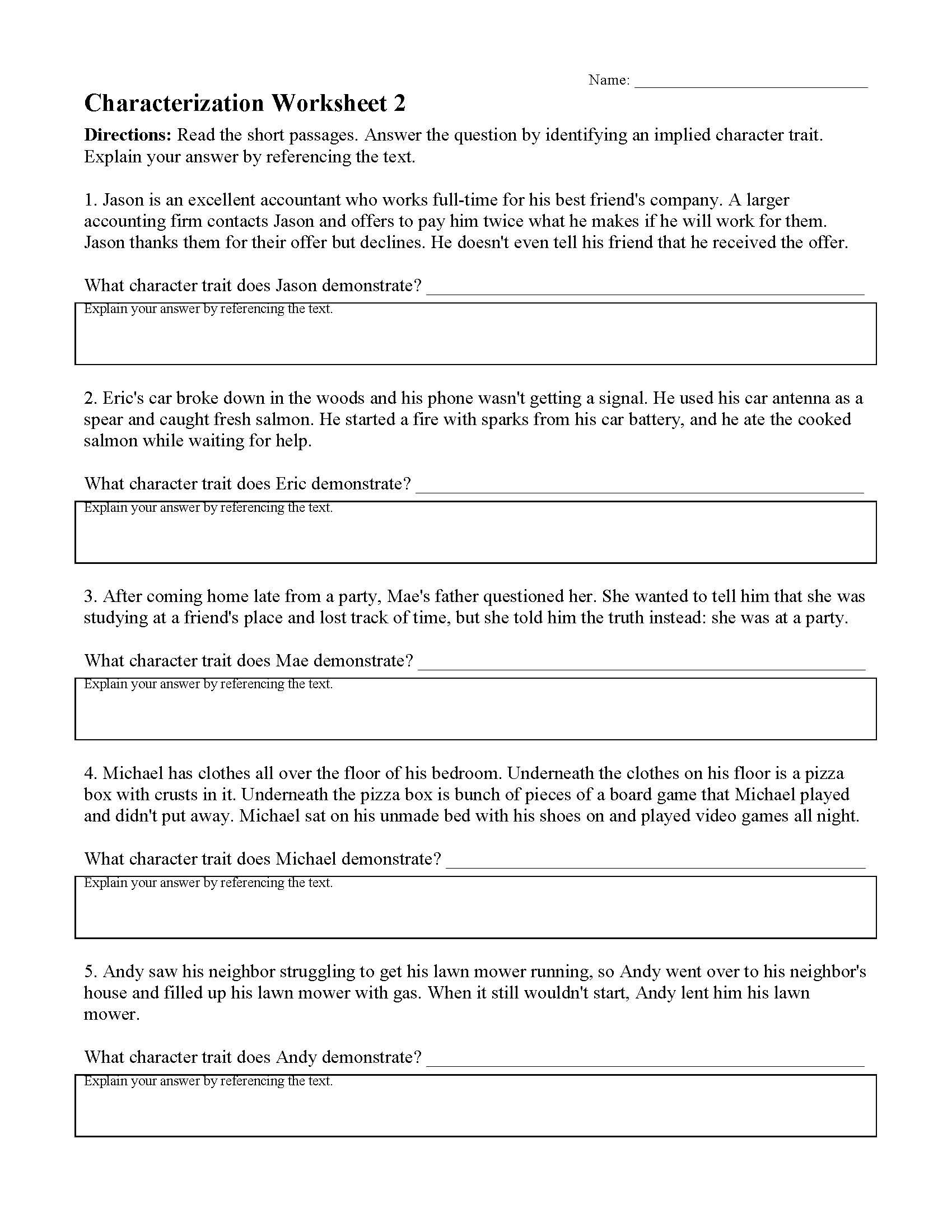 Characterization Worksheets  