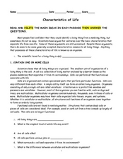 characteristics of life worksheet middle school