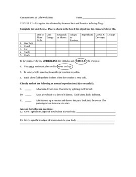 Characteristics of Life Worksheet