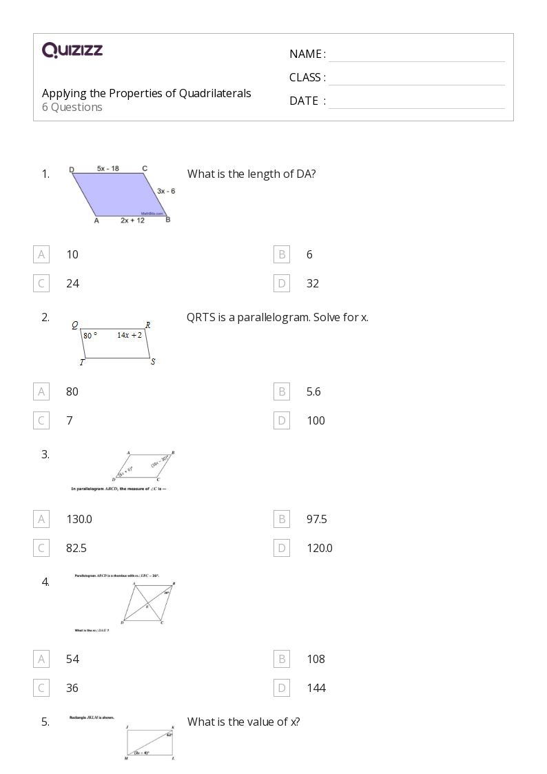 characteristics of quadrilaterals worksheet