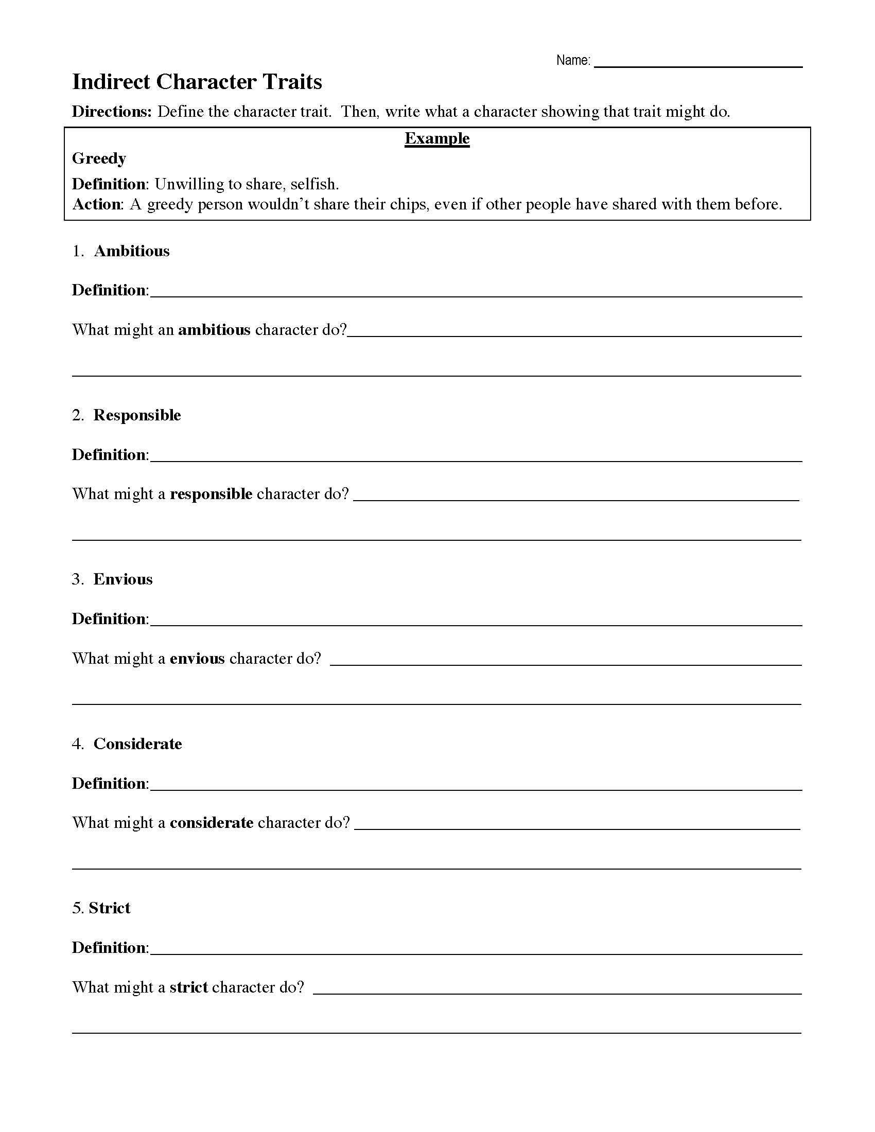 Characterization Worksheets  
