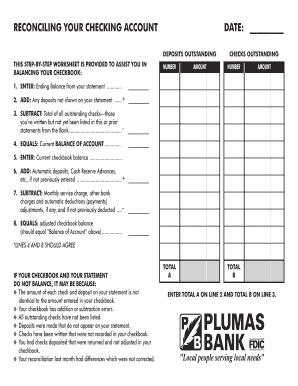 Fillable Online Check Reconciliation Worksheet - Plumas Bank Fax ...