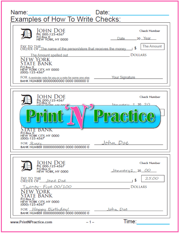 Practice Writing Checks - Play Money For Kids, Cursive Writing, Blanks