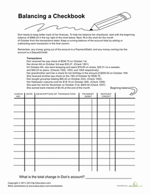 Balancing a Checkbook | Worksheet 