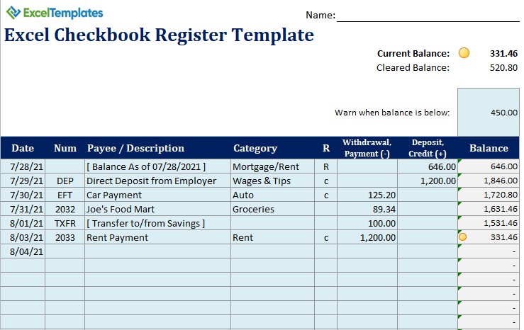 checkbook register worksheet
