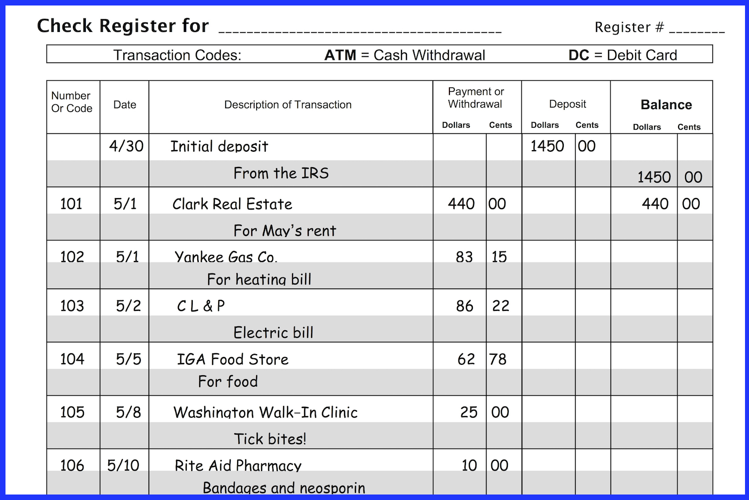 checkbook worksheet for students