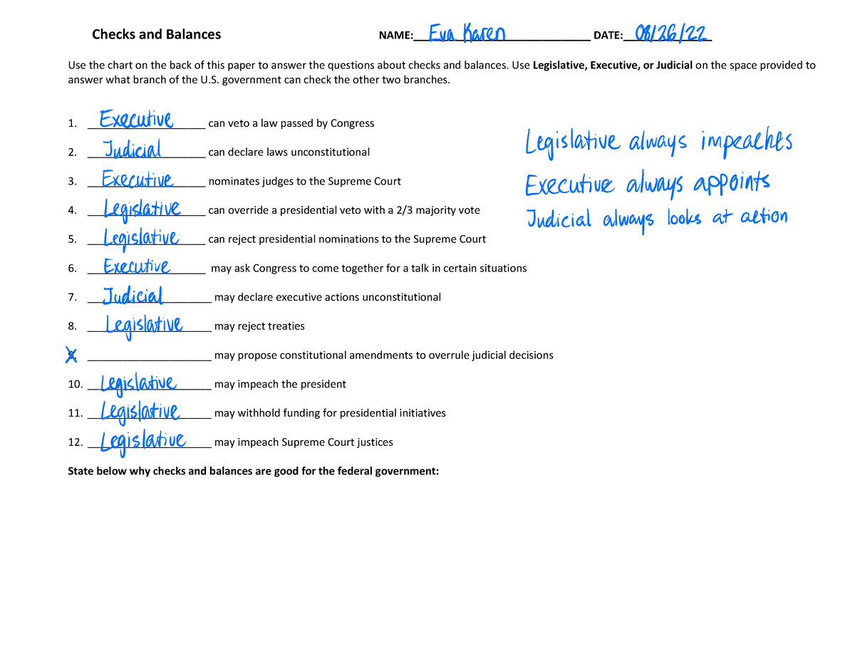 checks and balances worksheet answers