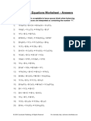 Balancing Equations Worksheet - Answers: © 2004 Cavalcade ...