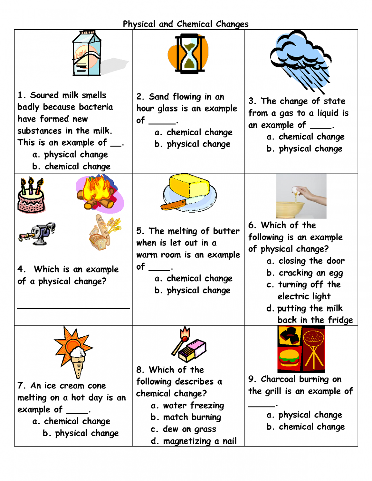 chemical and physical changes worksheet middle school