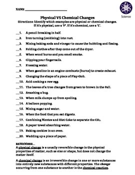 Chemical vs physical change worksheet | TPT