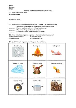 chemical and physical changes worksheet middle school