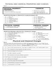 chemical and physical changes worksheet with answers
