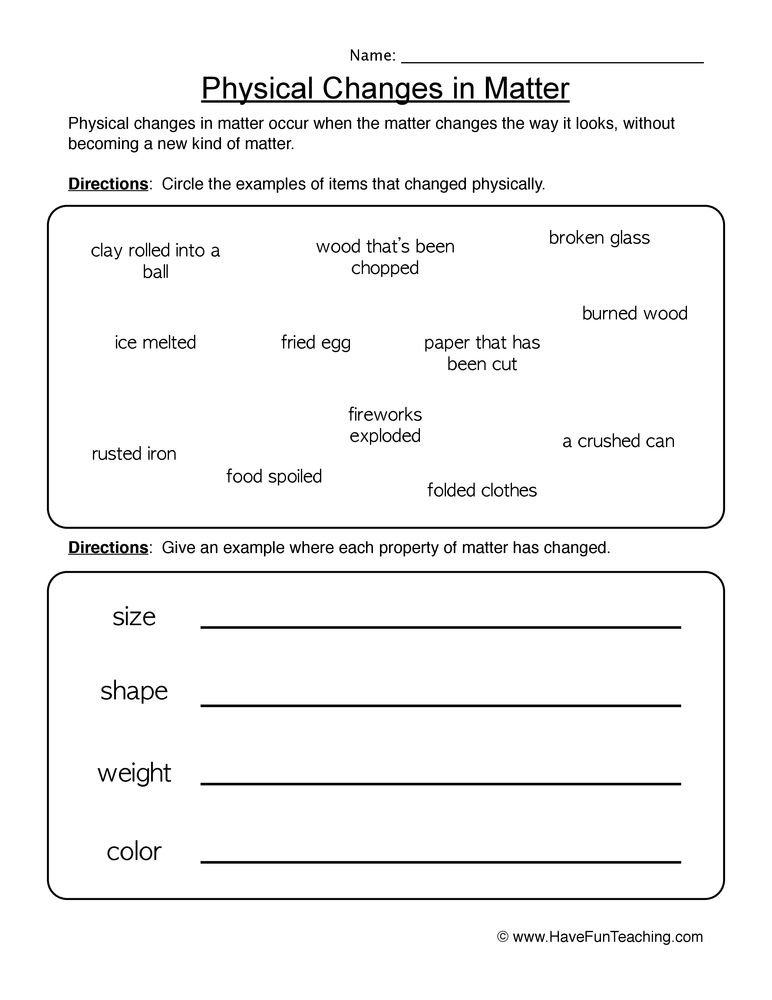 Physical Changes Examples Worksheet  