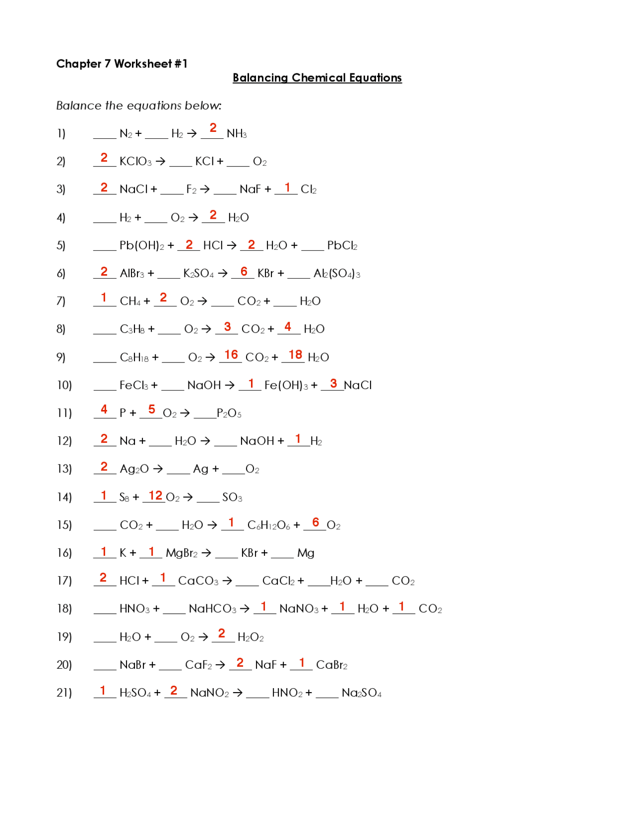 chemical balancing worksheet with answers