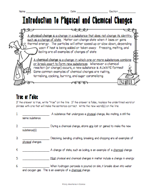 Introduction to Physical and Chemical Changes Worksheet