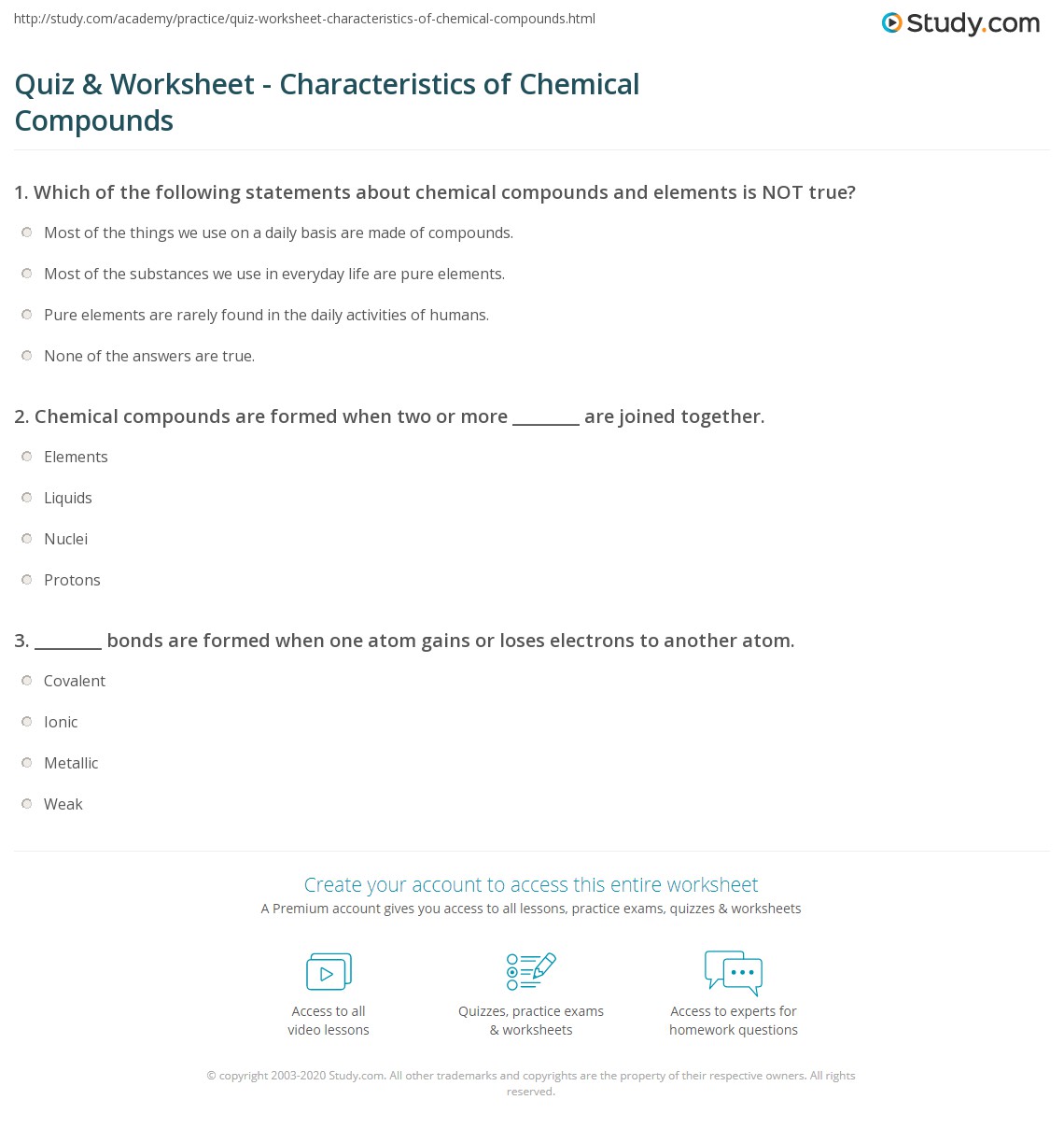 Quiz &  Worksheet - Characteristics of Chemical Compounds | Study.com