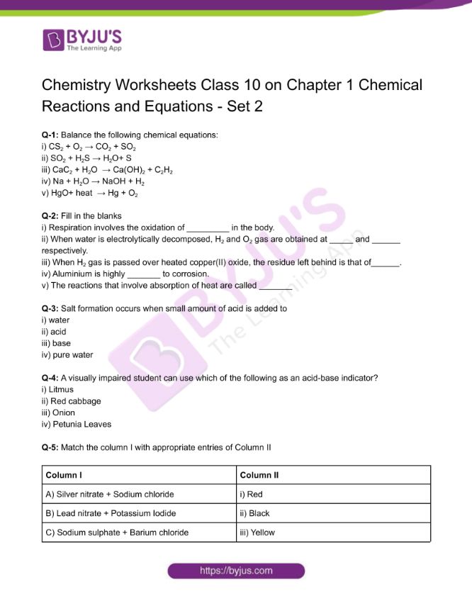 Class 10 Chemistry Worksheet on Chapter 1 Chemical Reactions and ...