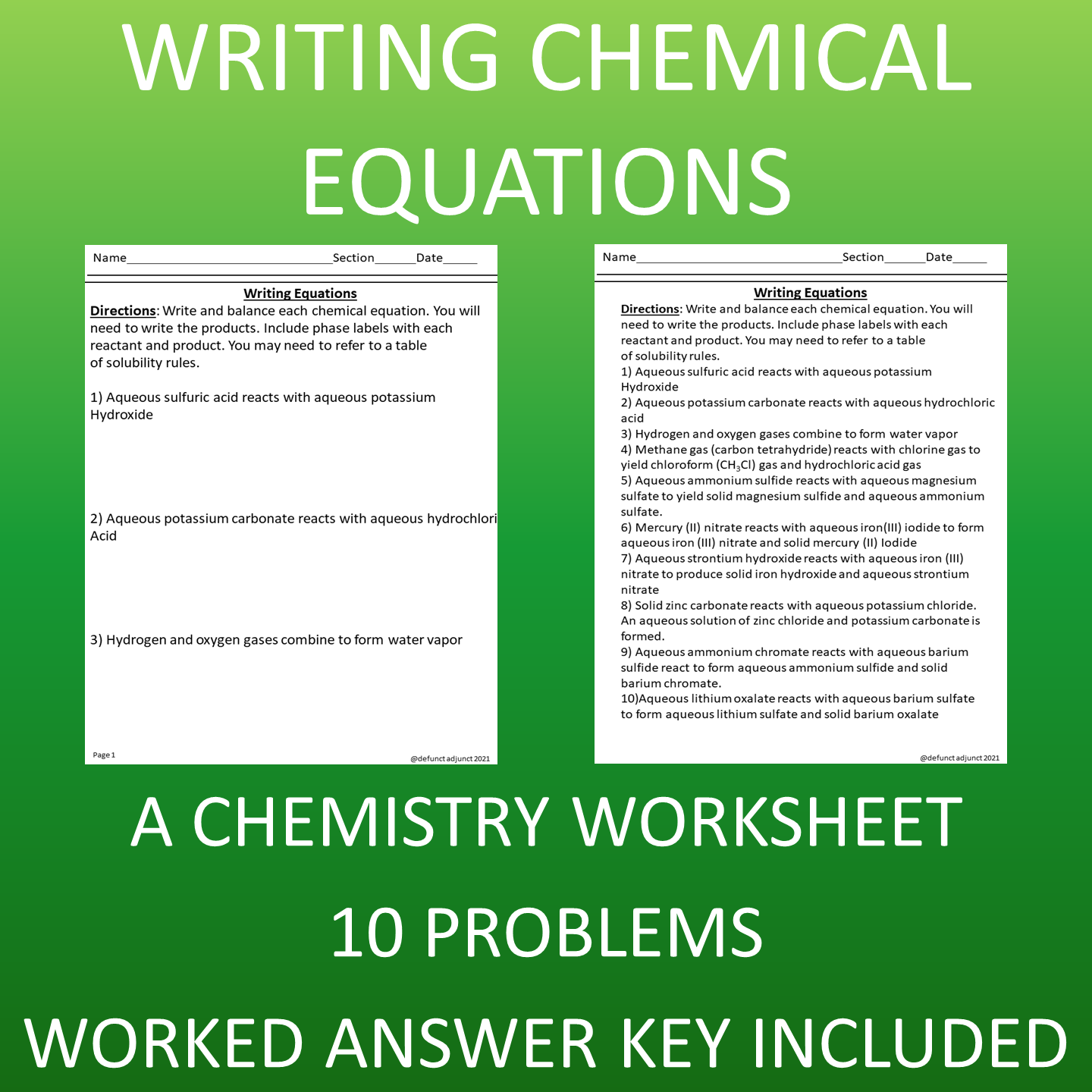 Writing Equations Worksheet Chemistry 10 Problems with Answers ...