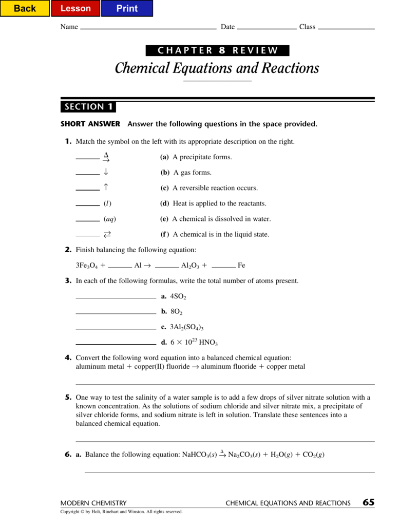 chemical equations and reactions worksheet