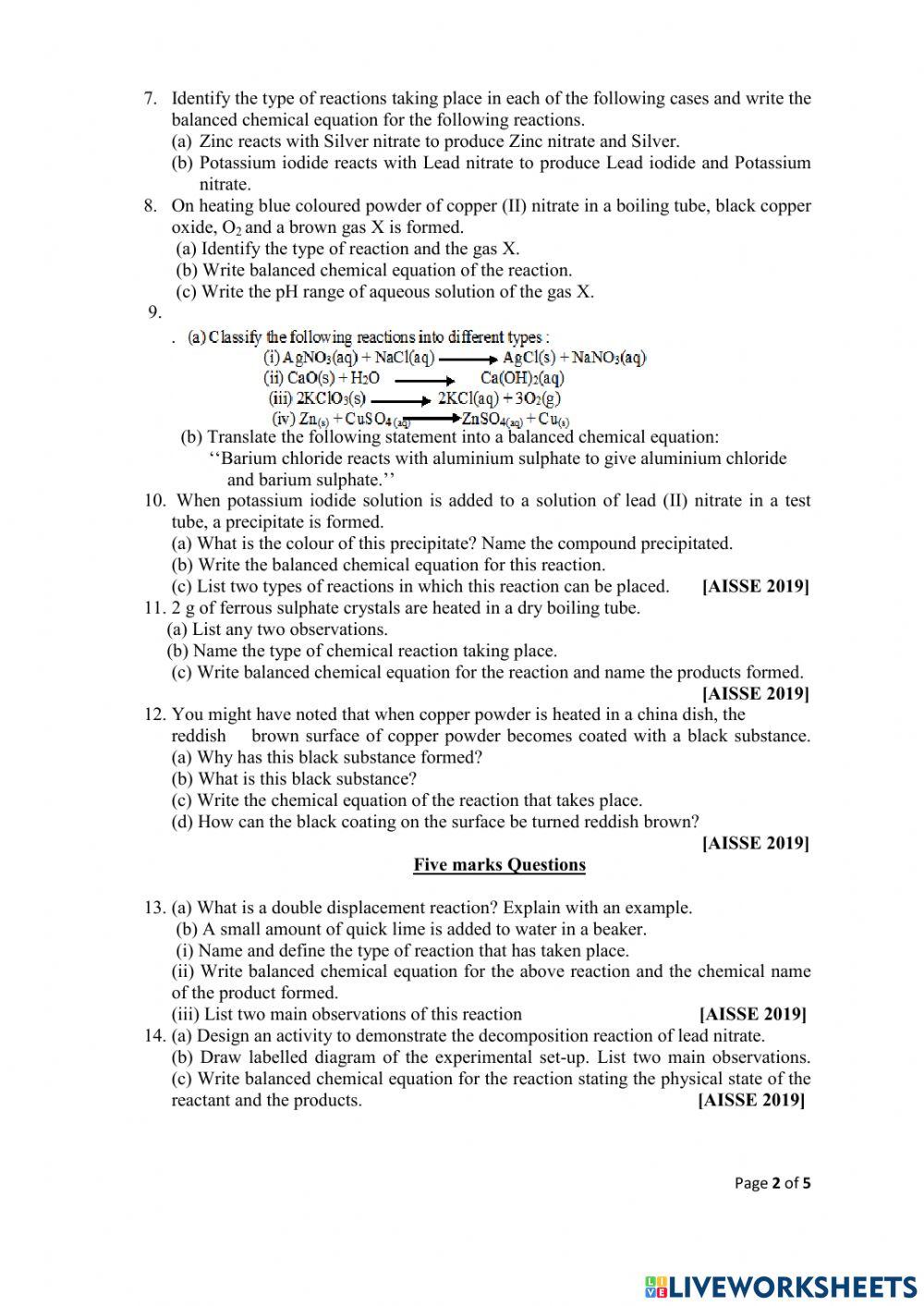 chemical equations and reactions worksheet
