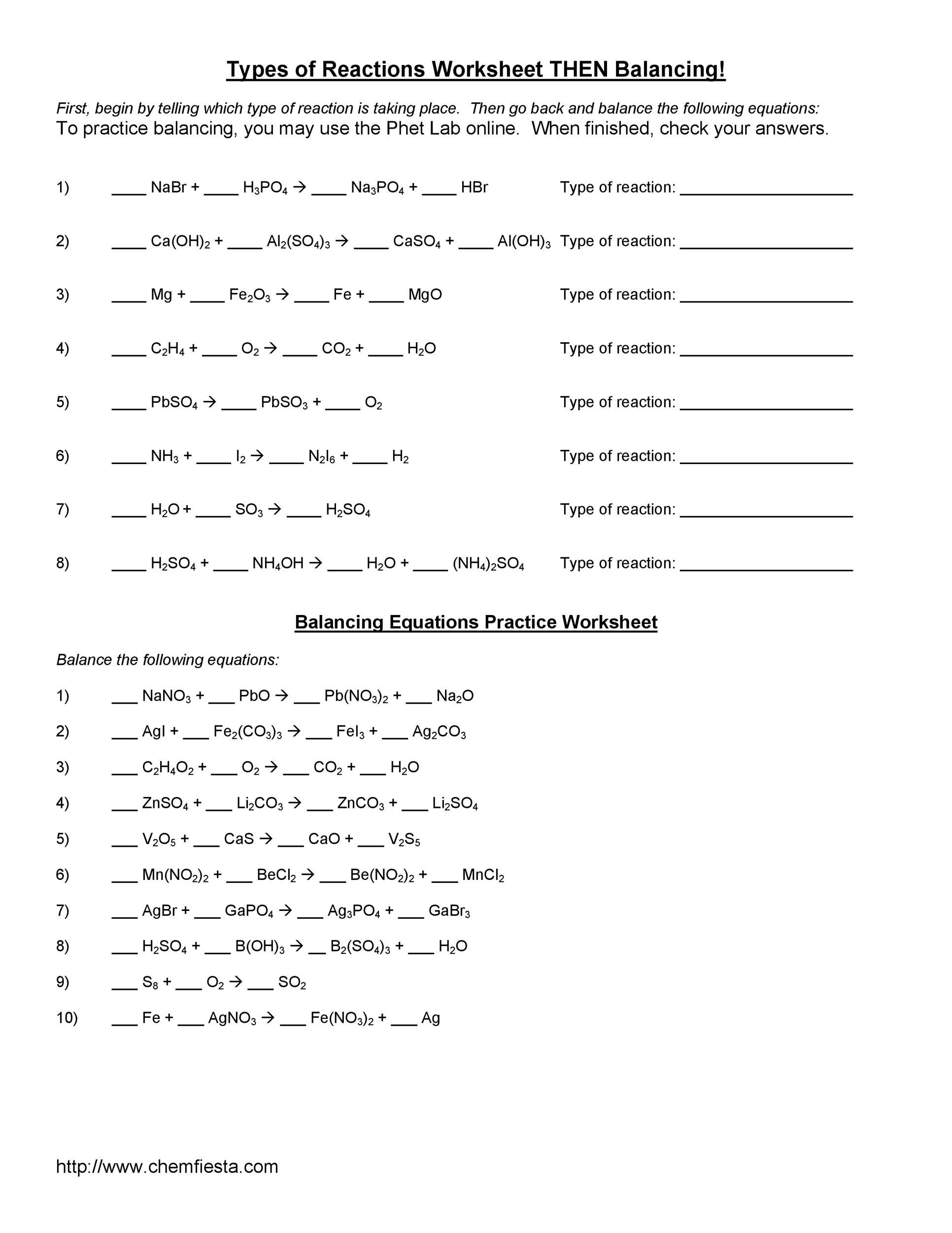 chemical equations and reactions worksheet