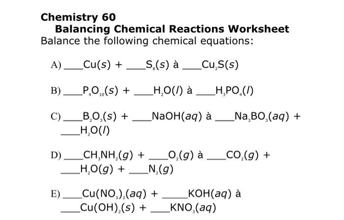 Solved Chemistry 60 Balancing Chemical Reactions Worksheet | Chegg.com