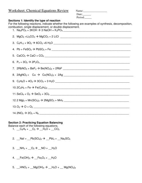 Worksheet: Chemical Equations Review
