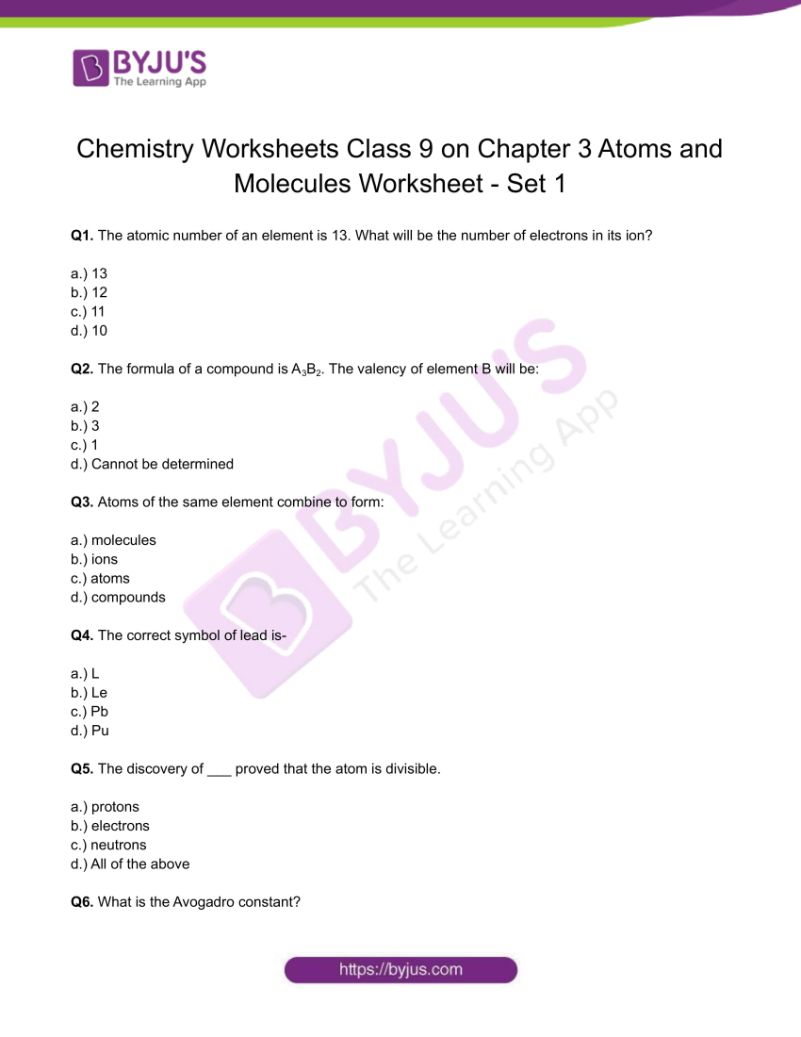 Class 9 Chemistry Worksheet on Chapter 3 Atoms and Molecules Set- 1