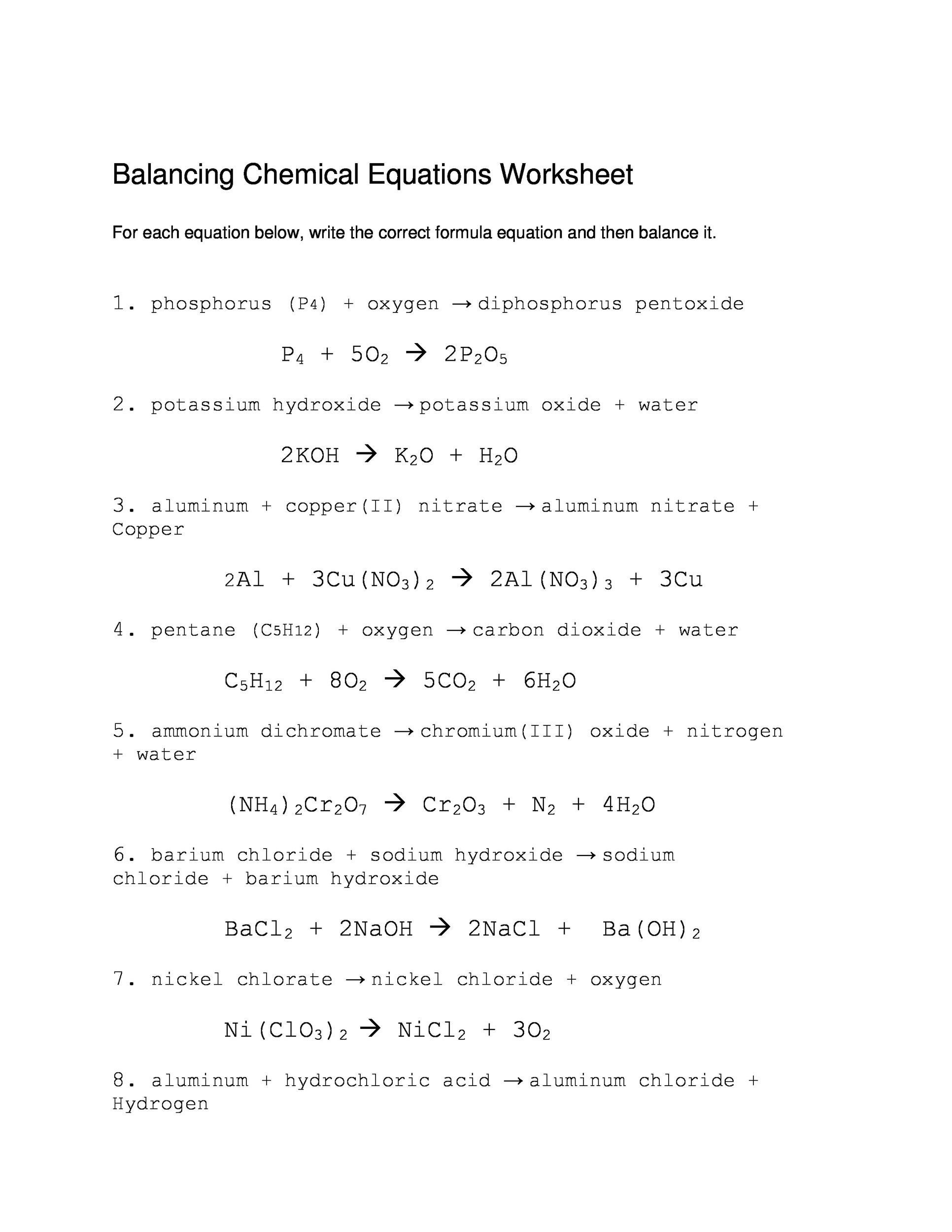 chemical formulas and equations worksheet answers