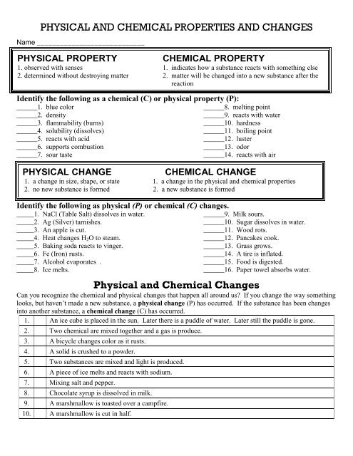 chemical physical change worksheet