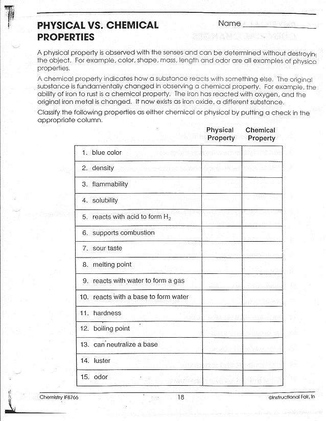 chemical properties worksheet