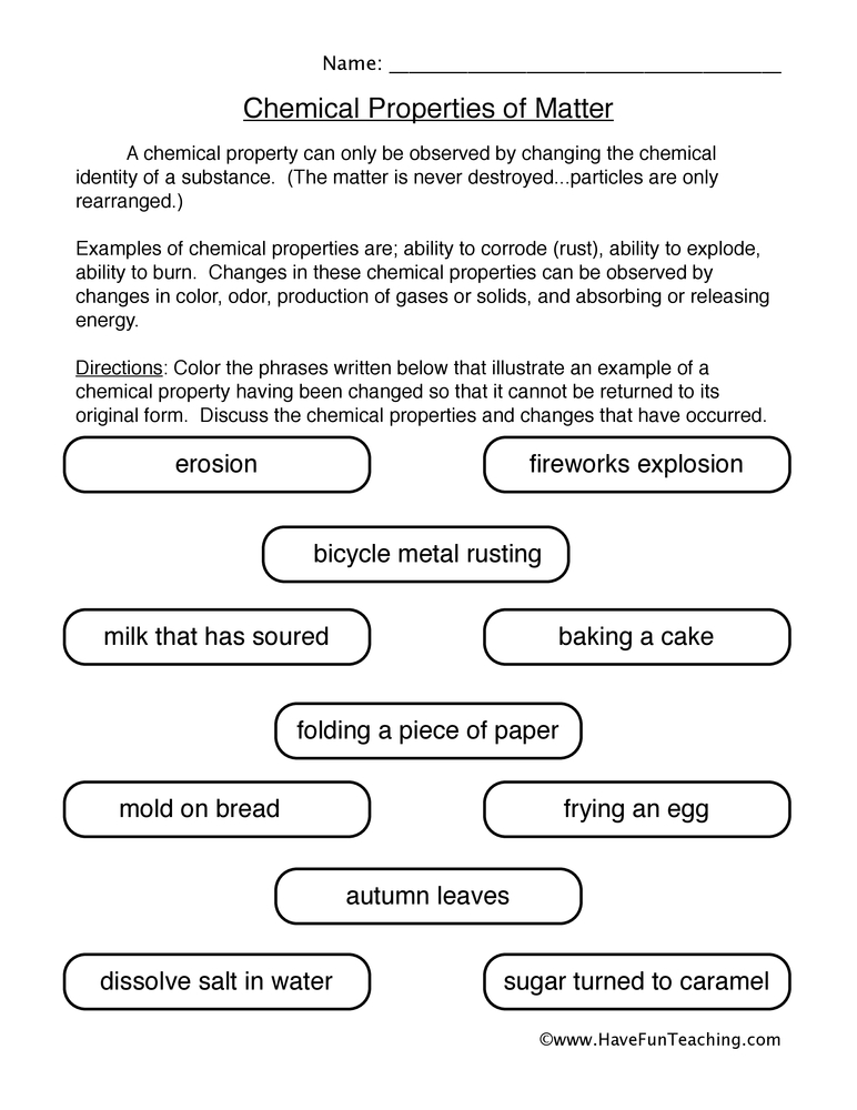 chemical properties worksheet